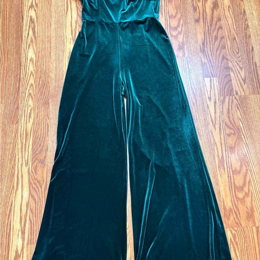 Corylynn Colter Anthropologie Emerald Green Velvet Wide Leg Jumpsuit Medium‎ - Picture 6 of 10
